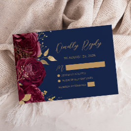 Burgundy Gold Floral Script Navy Blue Wedding OSA Kort