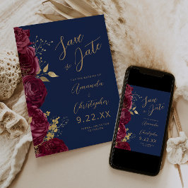 Burgundy Gold Floral Script Navy Save the Date Meddelande