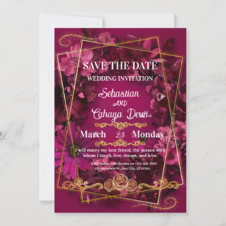Burgundy Gold Floral Wedding Save the Date Inbjudningar