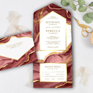 Burgundy Gold Foil Abstrakt Fluid Bläck Bröllop