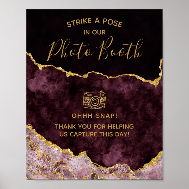 Burgundy Gold Foil Agate Photo Booth Bröllop-tecke Poster (Framsidan)