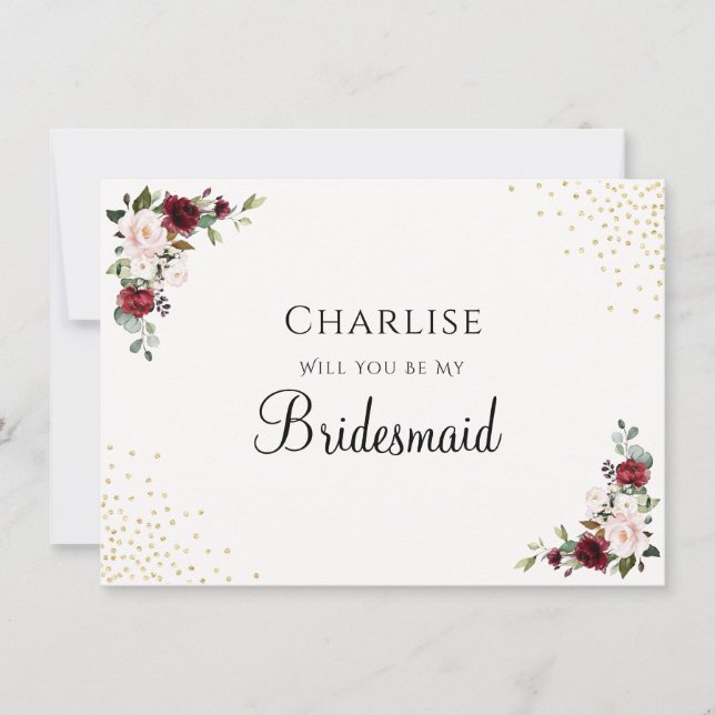 Burgundy Gold Foil Blommigt Bridesmaid Frieri Card (Framsida)