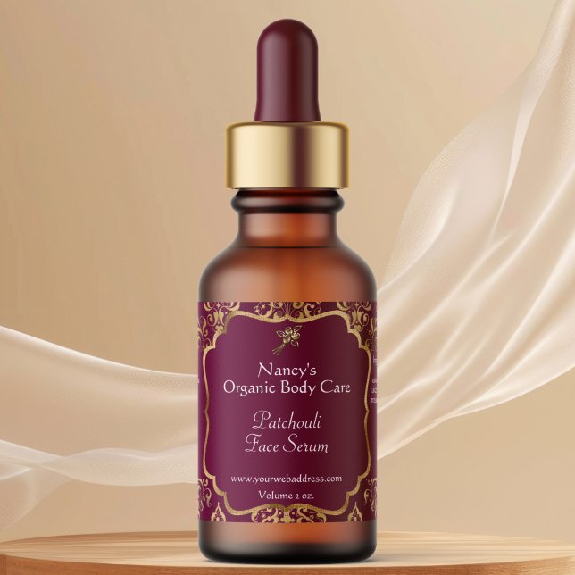 Burgundy & gold foil damask dropper bottle label adressetikett (Skapare uppladdad)