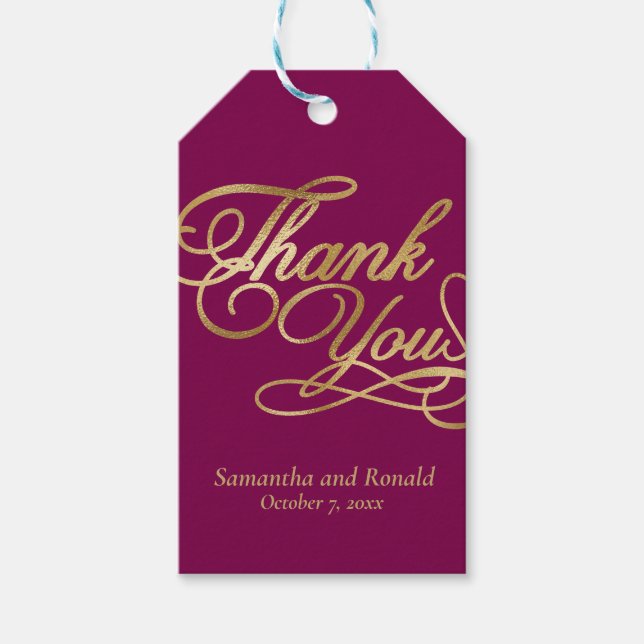 Burgundy & Gold Foil Thank You Calligraphy Wedding Presentetikett (Framsidan)