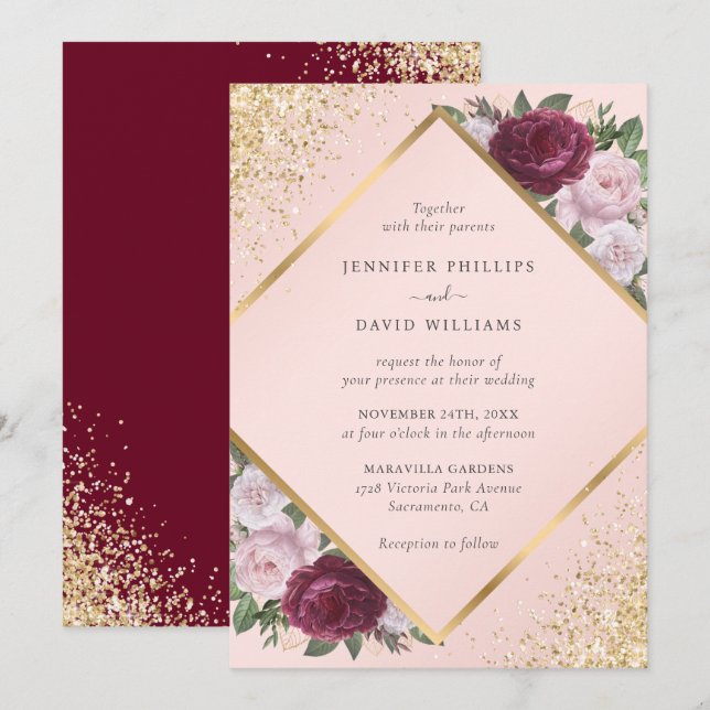 Burgundy Gold Geometric Blush Pink Floral Wedding Inbjudningar (Fram/baksida)