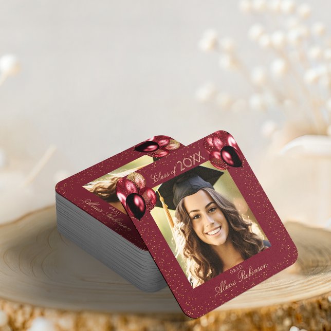 Burgundy Gold Glitter Graduation Party Photo  Underlägg Papper Kvadrat (Skapare uppladdad)