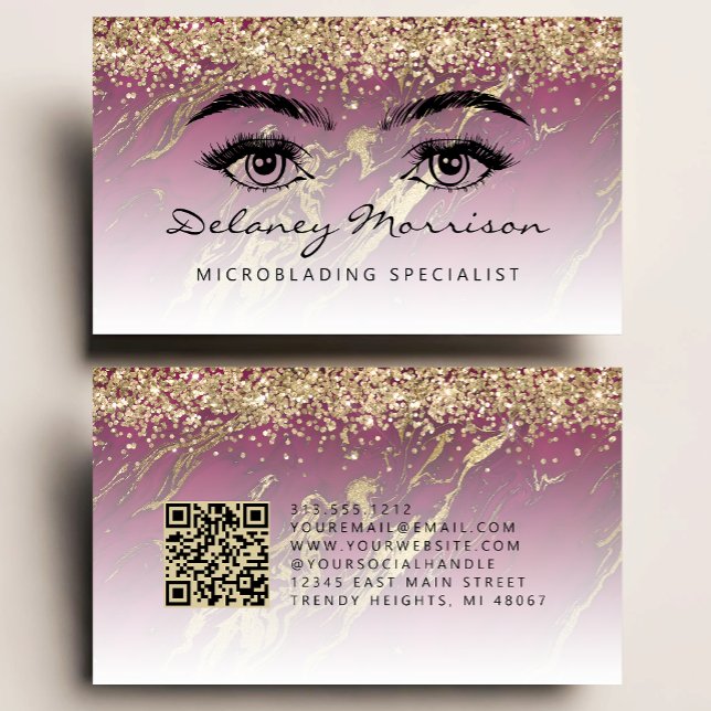 Burgundy Gold Marble Eyes QR Code Microblading Visitkort (Skapare uppladdad)