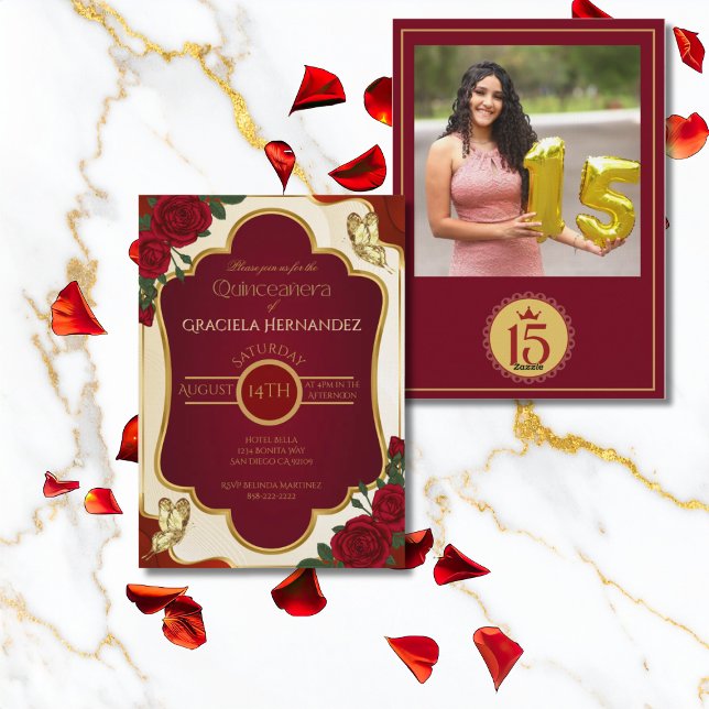 Burgundy & Gold Quinceañera Photo Invitation Inbjudningar (Skapare uppladdad)