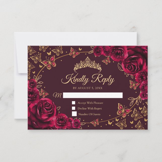 Burgundy Gold Quinceanera Reply OSA Kort (Framsida)