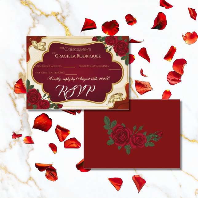 Burgundy & Gold Rose Quinceañera RSVP Card Tilläggskort (Skapare uppladdad)