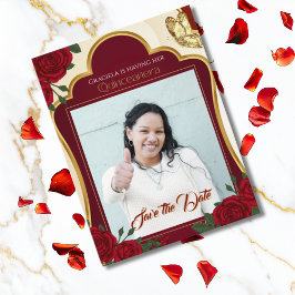 Burgundy & Gold Rose Quinceañera Save the Date Vykort