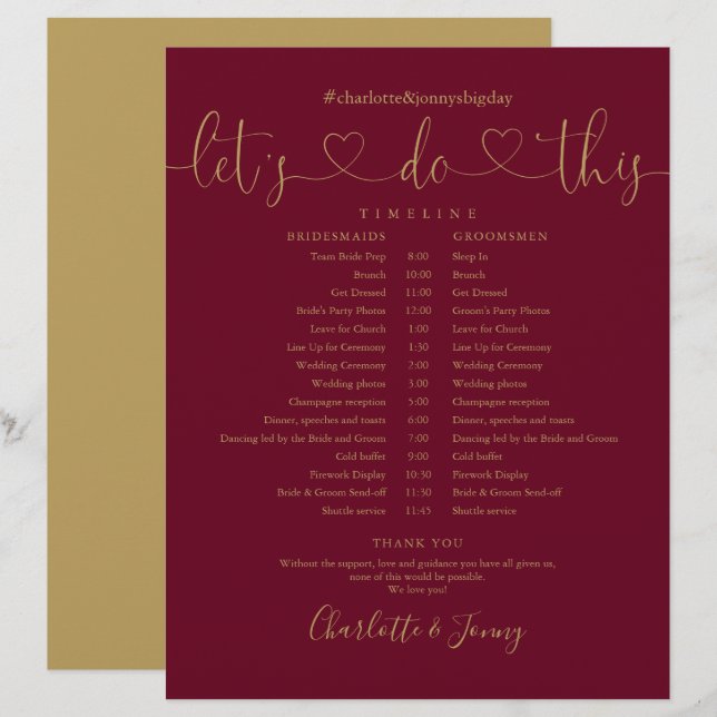 Burgundy Gold Script Bröllopsschema Tidslinje (Fram/baksida)