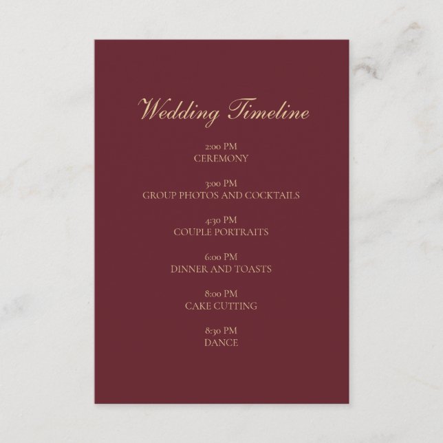 Burgundy Gold Script Minimal Bröllop Tidsplan Kort (Framsida)