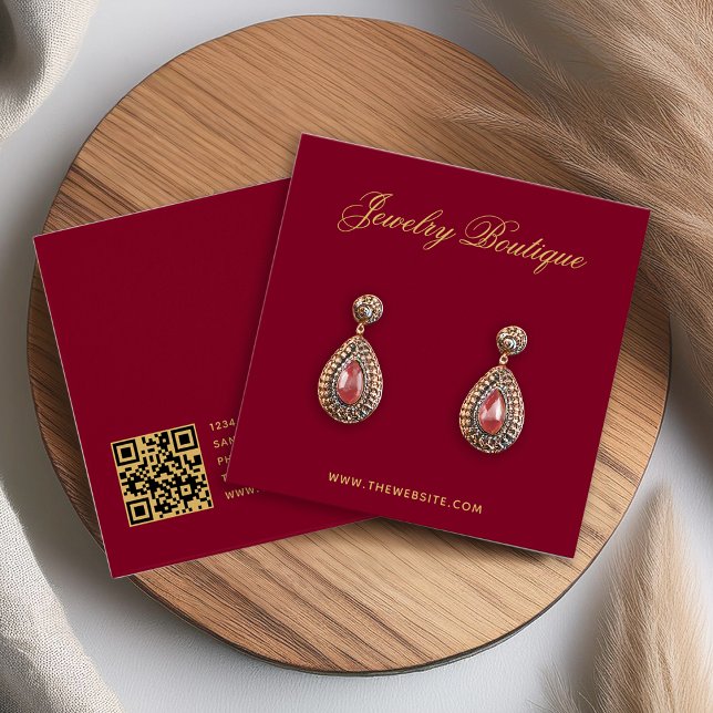 Burgundy Gold Script QR-kod örhänge displaykort Fyrkantigt Visitkort (Skapare uppladdad)