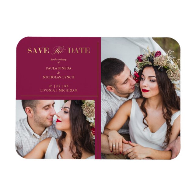 Burgundy Golden 2 Photos Minimalist Wedding Date Magnet (Horisontell)