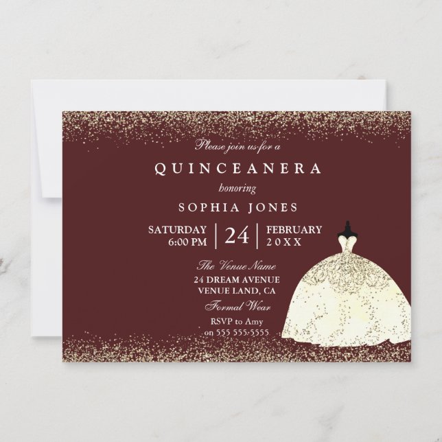 Burgundy Golden Dress Glitter Quinceanera Inbjudan (Baksida)