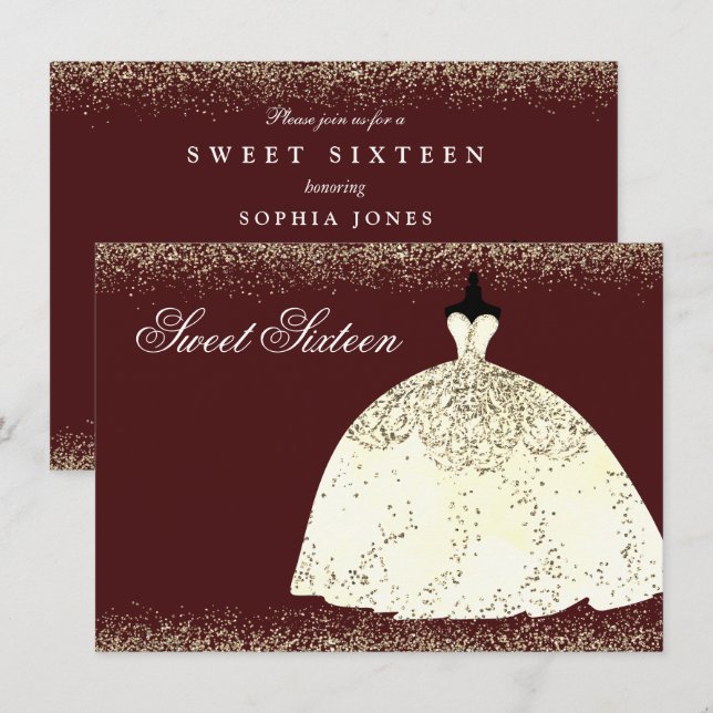 Burgundy Golden Dress Glitter Sweet 16 Inbjudan (Fram/baksida)