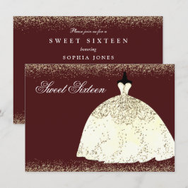 Burgundy Golden Dress Glitter Sweet 16 Inbjudan