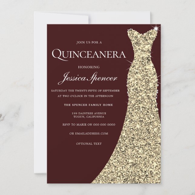 Burgundy Golden Dress Quinceanera Party Inbjudan (Framsida)