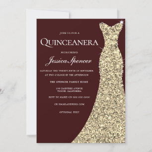 Burgundy Golden Dress Quinceanera Party Inbjudan
