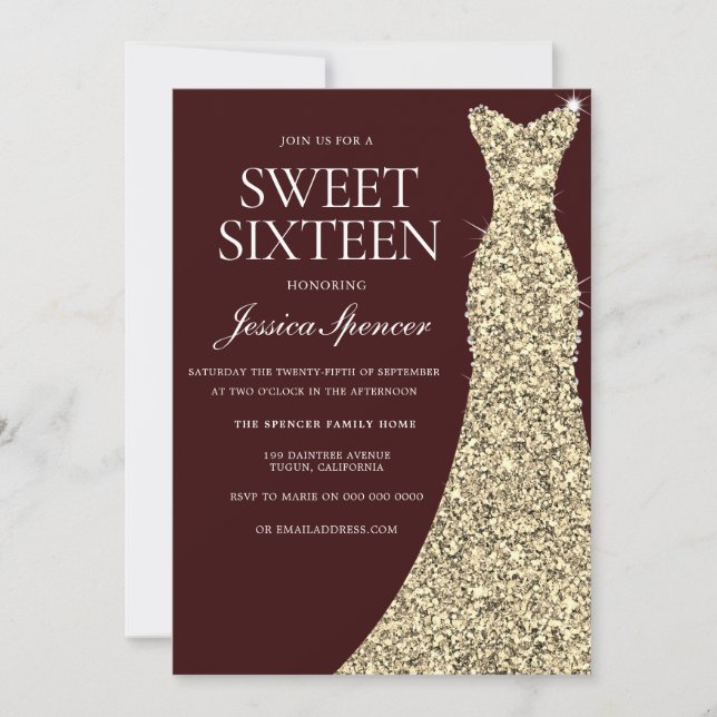 Burgundy Golden Dress Sweet 16 Inbjudan (Framsida)