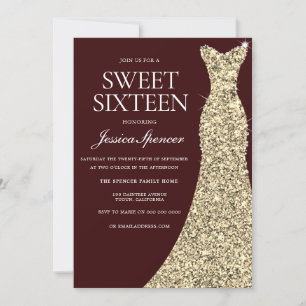 Burgundy Golden Dress Sweet 16 Inbjudan