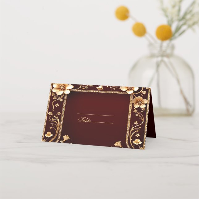 Burgundy Golden Floden Place Card Placeringskort (Framsida)