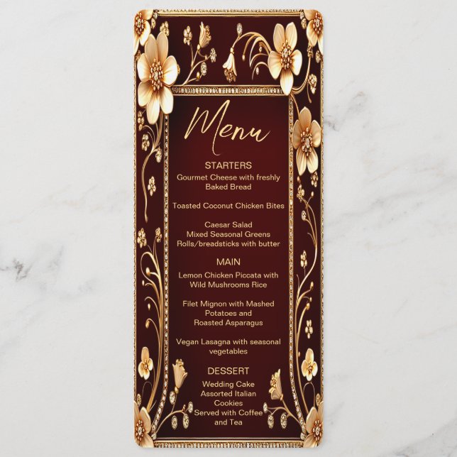 Burgundy Golden Flowers Bröllop Menu Meny (Framsida)