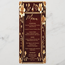 Burgundy Golden Flowers Bröllop Menu Meny