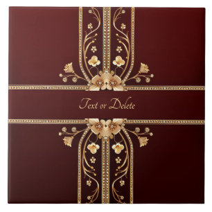 Burgundy Golden Flowers Ceramic Tile Kakelplatta