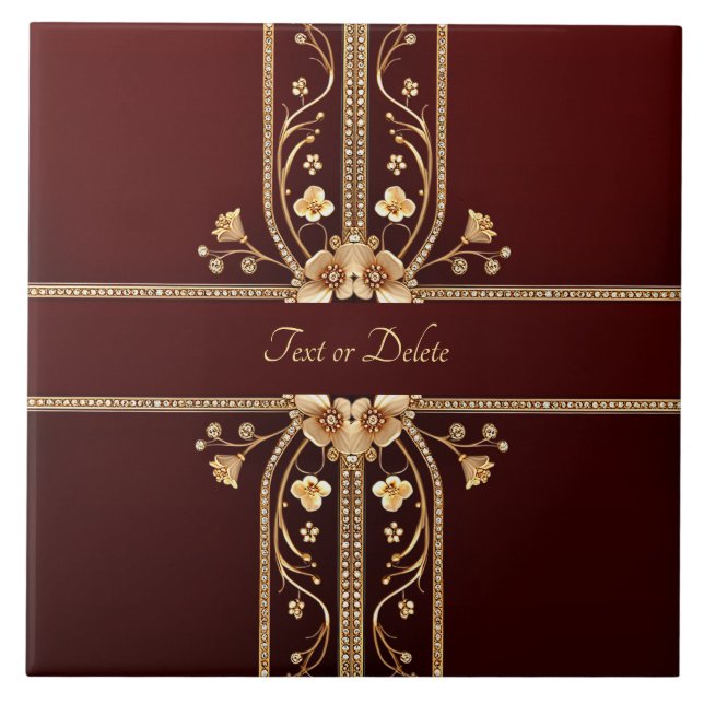 Burgundy Golden Flowers Ceramic Tile Kakelplatta (Framsidan)