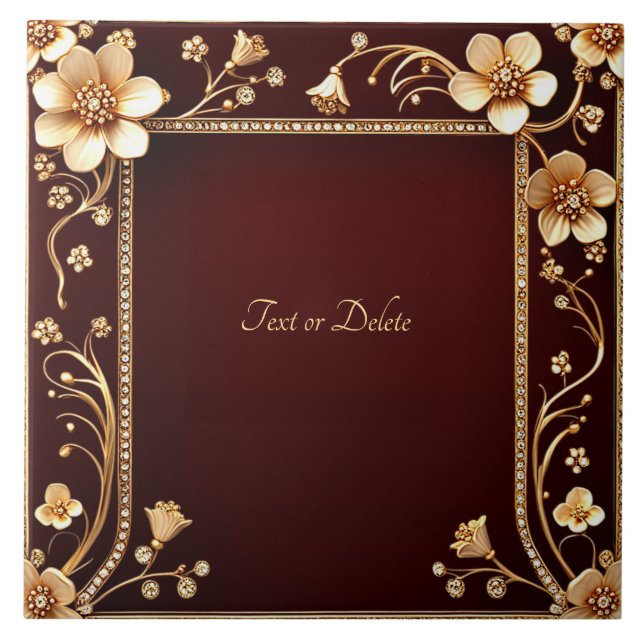 Burgundy Golden Flowers Ceramic Tile Kakelplatta (Framsidan)