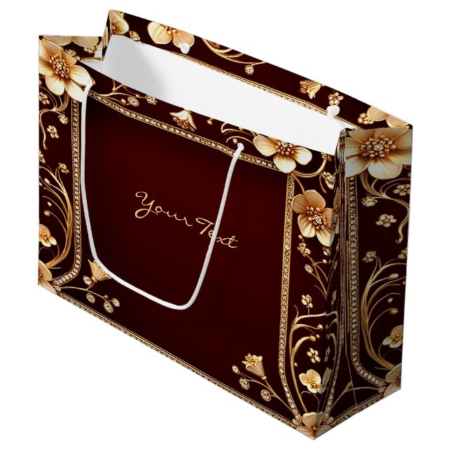 Burgundy Golden Flowers Gift Bag (Framsidan Vinklad)