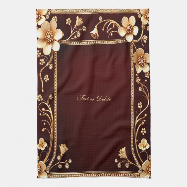 Burgundy Golden Flowers Kitchen Towels Kökshandduk (Vertikal)