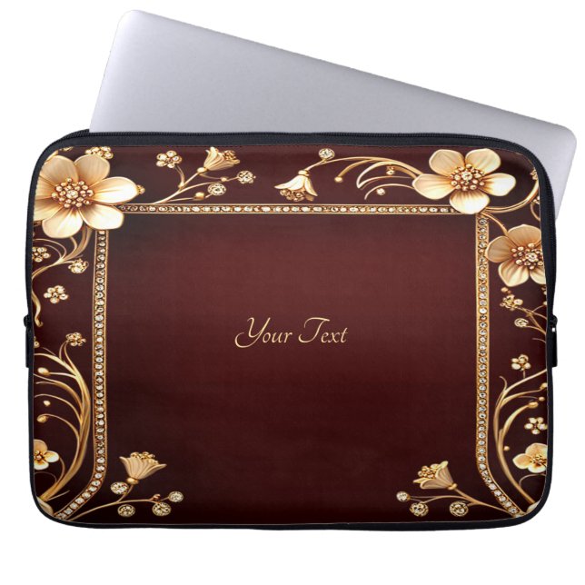 Burgundy Golden Flowers Laptop sleeve (Framsidan)