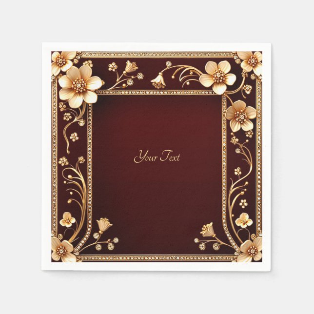 Burgundy Golden Flowers Napkins Pappersservett (Framsidan)