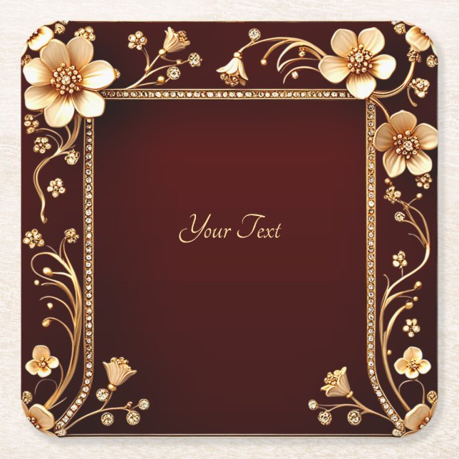 Burgundy Golden Flowers Papper Underlägg (Framsidan)