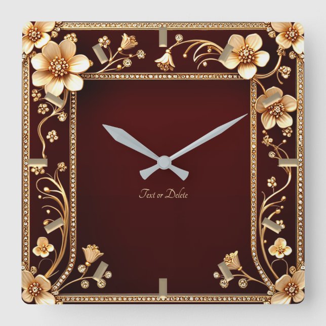 Burgundy Golden Flowers Wall Clock Fyrkantig Klocka (Framsida)