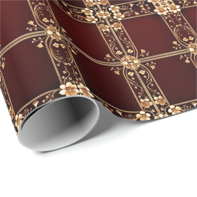 Burgundy Golden Flowers Wrapping Papper Presentpapper (Rullad Hörn)
