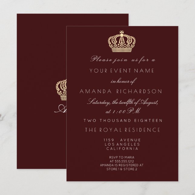 Burgundy Golden Krona Royal Glitter 16:e Möhippan Inbjudningar (Fram/baksida)