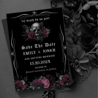 Burgundy Gothic Blommigt Skull bröllop spara datum Inbjudningar