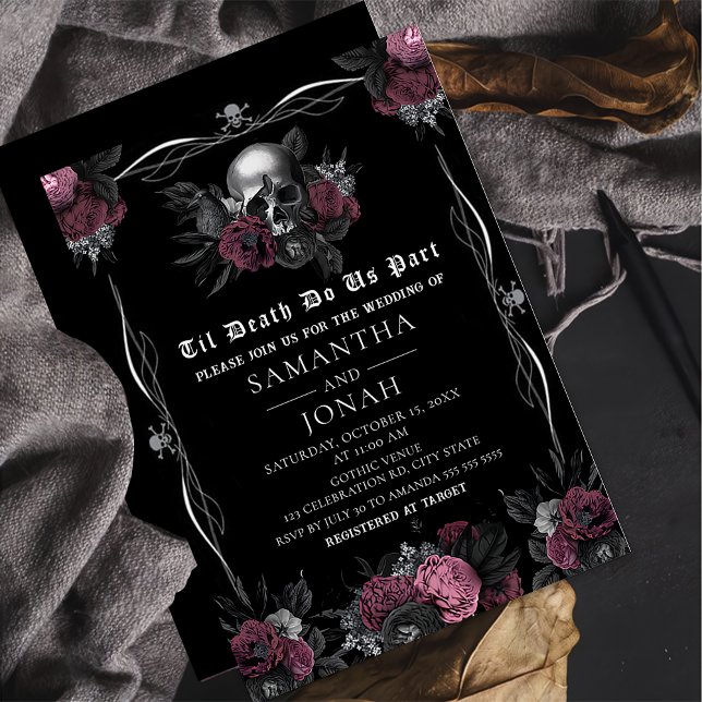 Burgundy Gothic Blommigt Skull Halloween Bröllop Inbjudningar (Skapare uppladdad)