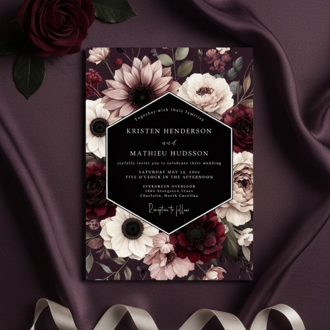 Burgundy Gothic Bloom Wedding Inbjudningar (Skapare uppladdad)