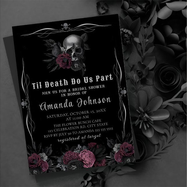 Burgundy Gothic Mörk Blommigt Skull-Möhippa Inbjudningar (Skapare uppladdad)