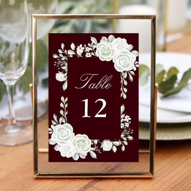 Burgundy Gothic White Roses Wedding Table Numbers Bordsnummer (Skapare uppladdad)