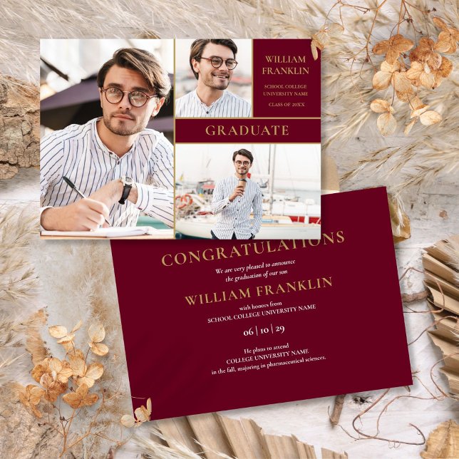 Burgundy Graduate Gold 3 Foto Collage Examen  Meddelande (Burgundy Graduate Gold 3 Photo Collage Graduation Announcement)