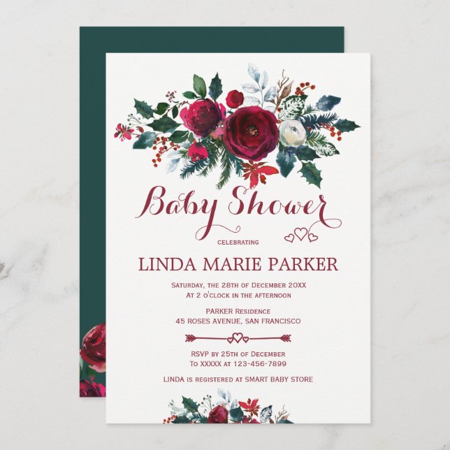 Burgundy gräs grönt blommigt vinterdusch för babyd inbjudningar (Fram/baksida)