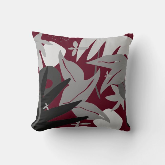 Burgundy & Grått Artistic Abstrakt Löv Kudde (Framsida)