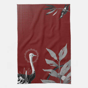 Burgundy & Grått Artistic Watercolor Löv Ostrich Kökshandduk