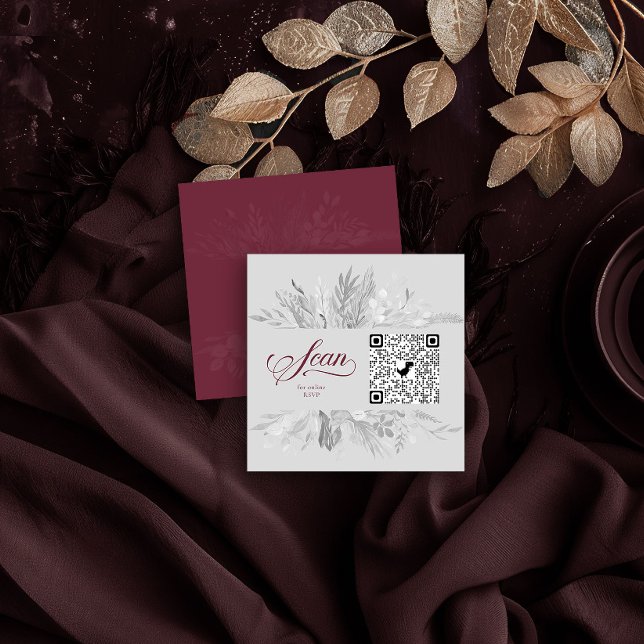 Burgundy Grått Botanisk Online OSA QR Kod Tilläggskort (Website QR Code Insert Card in Burgundy and Grey from the Foliage Duet Collection by Darling & May)